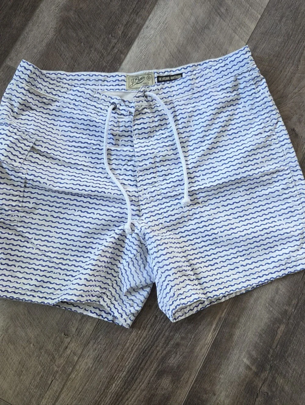 J. Crew White Swim Trunks with Blue Wave Stripe, Size 33